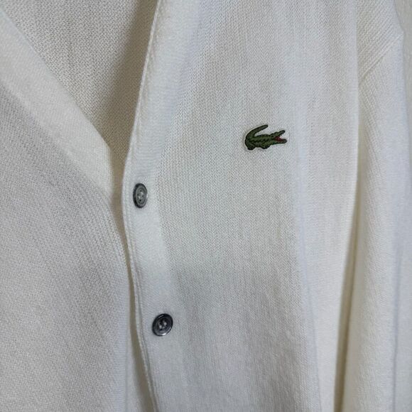 Vintage Izod Lacoste White Cardigan Sweater Sz L USA Acrylic Preppy Gator Logo - Picture 2 of 7
